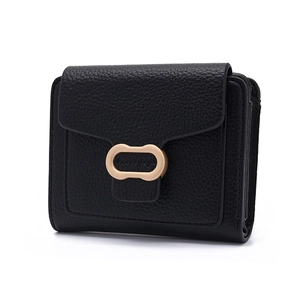 Close-up of black pebble grain leather wallet with golden oval metal clasp and logo