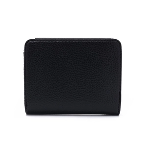 Close-up of black litchi grain PU leather texture and neat stitching on a minimalist wallet