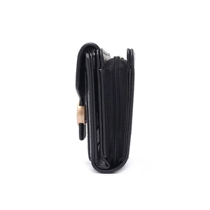 Detailed side view of black PU leather wallet with layered zipper and gold ring buckle