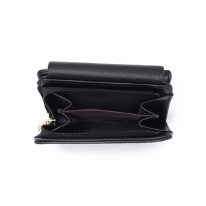 Close-up of black PU leather wallet showing internal double-zippered coin compartments