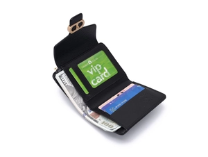 Detail view of the black leather wallet interior featuring card slots and bill compartment