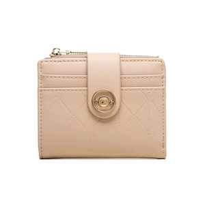 Detail of beige short wallet with quilted pattern and gold ring buckle closure