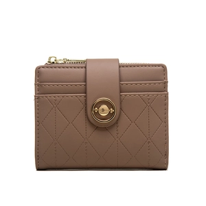 Detail view of mocha quilted faux leather wallet with golden clasp and zipper