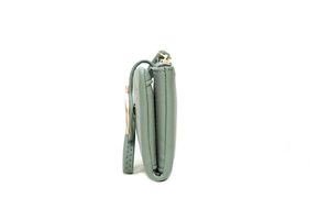 Detailed side view of green PU leather trifold wallet with gold buckle and pebble texture