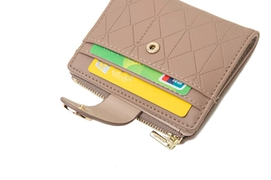 Detail of compact brown quilted wallet showing multiple interior card slots and zipper
