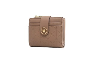 Detail view of brown faux leather wallet showing card slots and zipper compartment
