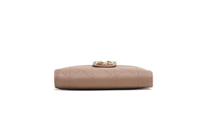 Close-up of light brown quilted leather wallet featuring diamond stitching and gold buckle