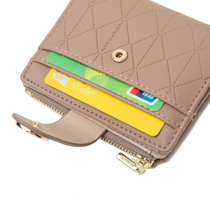 Short khaki quilted wallet with multiple card slots and gold zipper closure for women