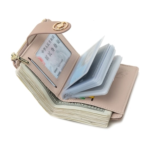 Short bifold leather wallet for women with accordion card slots and metal buckle