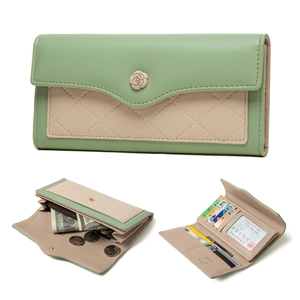 Women Long Wallet PU Leather Quilted Contrast Color Clutch Bag Multi Card Slots Camellia Flower Korean Style Handbag Gift
