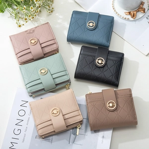 Short quilted PU leather wallet for women with golden buckle and zipper, six colors set