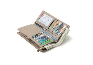 Interior detail of taupe embroidered leather wallet showing multiple card slots and zipper pocket