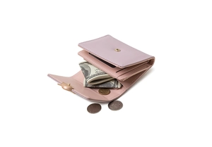 Detail view of lavender short wallet with gold cat clasp showing coin and bill storage