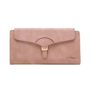Close-up of matte dusty rose long wallet with envelope flap and gold hardware detail