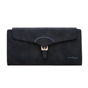 Detail of matte dark grey long wallet with envelope flap and golden metal buckle