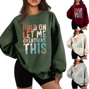 Women Casual Cotton Blend Fleece Sweatshirt Round Neck Long Sleeve Oversized Letter Print Pullover Streetwear Graphic Top