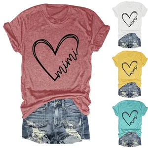 Women's Casual Cotton Blend Round Neck Short Sleeve T-Shirt With Heart Mimi Letter Print Summer Loose Fit Graphic Top