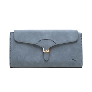 Frosted grey-blue long envelope wallet for women with gold clasp and elegant stitching