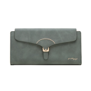 Detail of matte sage green PU leather wallet featuring a gold metal buckle and stitching