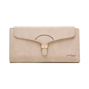 Close-up of beige matte PU leather wallet with hardware buckle and stitching detail