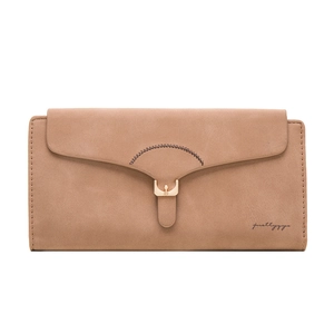 Detail of khaki frosted PU leather wallet with envelope flap and metal buckle