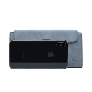 Blue matte long wallet size comparison with a smartphone showing its slim profile