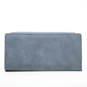 Rear view of long matte PU leather wallet for women with fine stitching in dusty blue