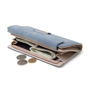 Blue-grey matte PU leather long wallet for women with multiple card slots and metal clasp