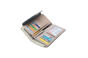 Detailed internal view of long matte wallet with multiple card slots and cash compartments