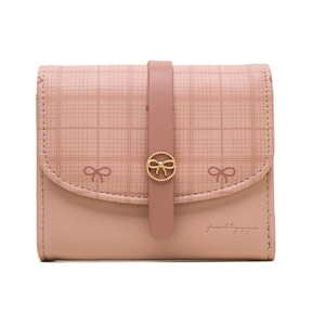 Detail of short tri-fold wallet with pink plaid pattern and golden bow hardware buckle
