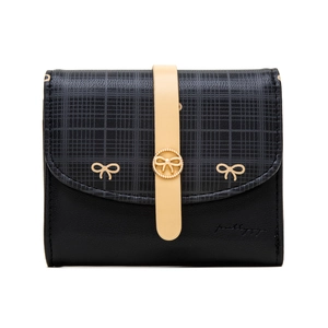 Detailed view of women's short wallet with black litchi texture and grey plaid flap