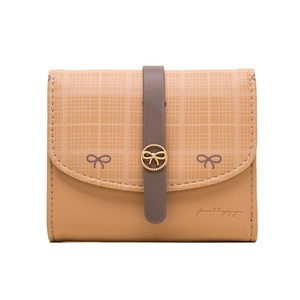 Women's minimalist camel PU leather short tri-fold wallet with plaid pattern and bow detail