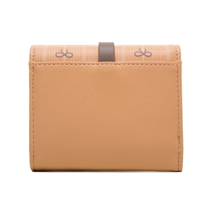 Close-up of trifold wallet featuring check pattern fabric and leather closure detail