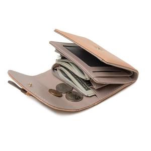 Women's tri-fold PU leather wallet in beige with checkered pattern and snap closure