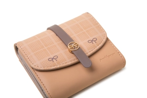 Close-up of beige plaid wallet with grey strap and gold bow buckle detailing