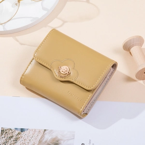 Sweet Women PU Leather Short Trifold Wallet Flower Metal Buckle Solid Color Mini Coin Purse Portable Card Holder Wallet