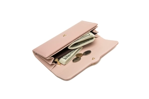 Detailed view of pale pink long wallet interior with multi-card slots and coin pocket
