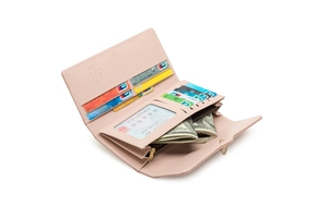 Detail view of pink long wallet interior with multiple card slots and metal zipper pocket