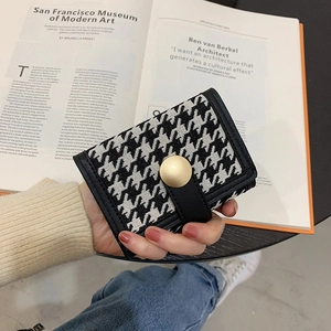 Vintage Houndstooth Women Short Wallet PU Leather Folding Coin Purse With Round Gold Buckle Card Holder Small Purse Student