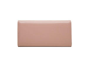 Detailed close-up of a long faux leather wallet featuring precise stitching and flap closure