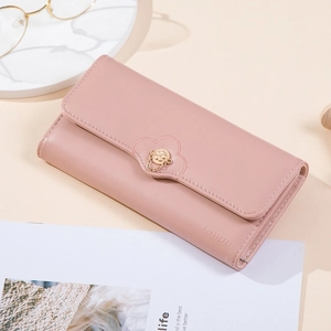 Women Long Trifold Wallet PU Leather Large Capacity Purse With Flower Buckle Metal Chain Solid Color Handbag For Girls