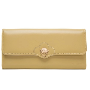 Long leather wallet for women with flower metal clasp and cloud stitching details