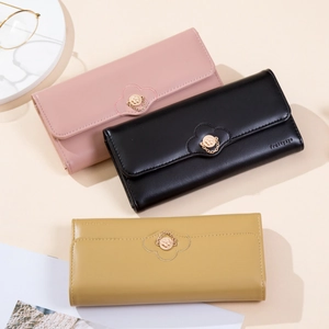 Three-fold long women's purse with floral buckle in pink, black and yellow shades