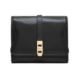 Close-up of black leather wallet with edge stitching and golden PRETTY ZYS metal clasp