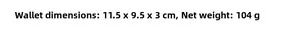 Specifications of portable tri-fold wallet showing dimensions 11.5x9.5x3cm and weight 104g