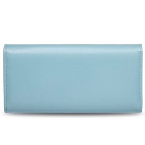 Detailed view of the sky blue PU leather texture and neat stitching on long wallet