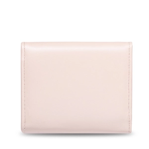 Close-up of matte pink leather wallet featuring precise stitching and minimalist hardware