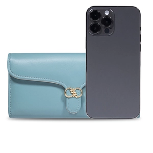 Close-up of long light blue PU leather wallet with gold leaf buckle next to a phone