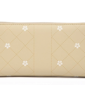 Lange Geldbörse in Creme mit Reißverschluss und aufgedrucktem Blumen-Rautenmuster