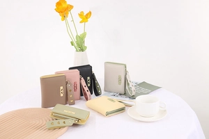 Short bi-fold wallets for women with heart wristlet and zipper coin pocket displayed